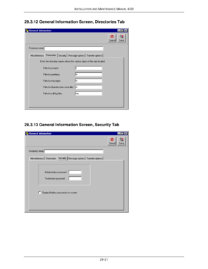 Page 654INSTALLATION AND MAINTENANCE MANUAL 4/0029-2129.3.12 General Information Screen, Directories Tab29.3.13 General Information Screen, Security Tab 