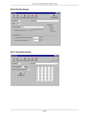 Page 662INSTALLATION AND MAINTENANCE MANUAL 4/0029-2929.4.6 Fax Box Screen29.4.7 Group Box Screen 