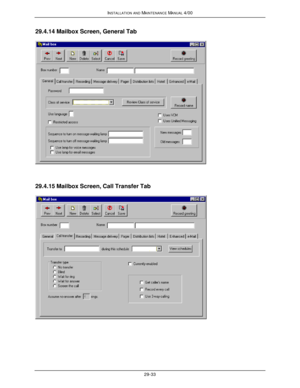 Page 666INSTALLATION AND MAINTENANCE MANUAL 4/0029-3329.4.14 Mailbox Screen, General Tab29.4.15 Mailbox Screen, Call Transfer Tab 
