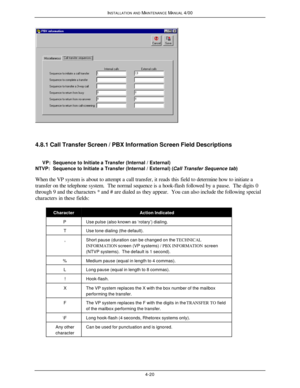 Page 85INSTALLATION AND MAINTENANCE MANUAL 4/004-204.8.1 Call Transfer Screen / PBX Information Screen Field Descriptions
     VP:Sequence to Initiate a Transfer (Internal / External)
NTVP:Sequence to Initiate a Transfer (Internal / External) (Call Transfer Sequence tab)
When the VP system is about to attempt a call transfer, it reads this field to determine how to initiate a
transfer on the telephone system.  The normal sequence is a hook-flash followed by a pause.  The digits 0
through 9 and the characters *...