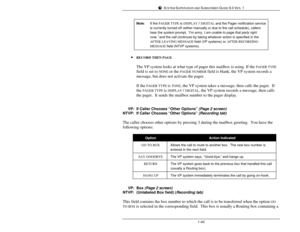 Page 49SYSTEM SUPERVISOR AND SUBSCRIBER GUIDE 9.0 VER. 11-40Note:If the PAGER TYPE is DISPLAY / DIGITAL and the Pager notification serviceis currently turned off (either manually or due to the call schedule), callershear the system prompt, “I’m sorry, I am unable to page that party rightnow,” and the call continues by taking whatever action is specified in theAFTER LEAVING MESSAGE field (VP systems) or AFTER RECORDINGMESSAGE field (NTVP systems).· RECORD THEN PAGE
The VP system looks at what type of pager this...