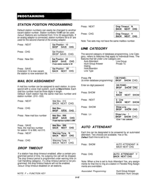 Page 31STATION POSITION PROGRAMMINGPress : NEXT
Default station numbers can easily be changed to another
vacant station number. Station numbers lo-89 can be used.
Default: Stations are numbered from 10 to 33 sequentially. If
an analog adaptor is connected, station numbers 58 to 81 are
used for the second channel of the analog adaptor.
Press : NEXT
Press : CHG
Set Position:BKSP SAVE- CHG
Press : New Stn/ %&sit+&6 CHG 1
If new station number is 56
Press : SAVEExtension 10 is now vacant,
the station is now...