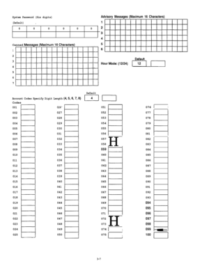 Page 53System Password (Six digits)
(Default),
000000Advisory Messages (Maximum 16 Characters)
Canned MessaaesfMaximum16Characters)1 .
1
2
3
4
5
6
7
Account Codes Specify Digit Length (4,5,6,7,8)
Codes
001
002
003
004
005
006
007
008
009
010
011
012
013
014
015
016
017
018
019
020
021
022
023
024
025
026
027
028
029
030
031
032
033
034
035
036
037
038
039
040
041
042
043
044
045
046
047
048
049
050
Defauft
HourMode:(12/24) 1 )I
Default
14
051
052
053
054
055
056El
057
058H
059
060
061
062 1-j
063
064
065
066...