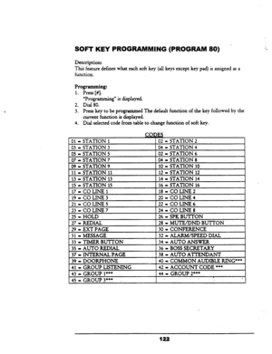 Page 127SOFT KEY PROGRAMMING (PROGRAM 80) 
Description: 
This feature defines what each soft key (all keys except key pad) is assigned as a 
function. 
Programming: 
1. Press [#I. - 
2. 
3. 
4. 
“Programming” is displayed. 
Dial 80. 
Press key to be programmed The default function of the key 
followed by the 
current function is displayed. 
Dial selected code from table to change function of soft key. 
-Sol - STATION 1 02 
= STATION 2 
03 = STATION 
3 04 
- STATION 4 
05 - STATION 
5 02 
- STATION 6 
07 -...