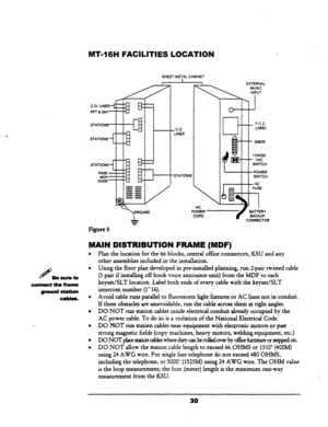 Page 36MT-1 6H FACILITIES LOCATION 
SHEET METAL CABINET 
+ 
t 
l-i 
C.O. LINES 
STATIONS EXTERNAL 
MUSIC 
INPUT 
I 
AC 
POWER 
CORD BAllERY 
BACKUP 
CONNECTOR 
Figure 5 
MAIN DlSTRlBUTION FRAME (MDF) 
Besureto 
connecttheframe 
ground 
station 
cables. ’ 
l 
l 
l 
Plan the location for the 66 blocks, central office connectors, KSU and any 
other assemblies included in the installation. 
Using the floor plan developed in pm-installed planning, run &pair twisted cable 
(3 pair if installing off hook voice...