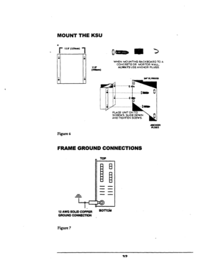 Page 38MOUNT THE KSU 
. 
r 
lZ6 (327lnln) 
. 
1 
Il.6 
ts-I WHEN MOUJTlM BACKBOARDTO A 
CONCRETE OR MORTOR WALL, ALWArS USE ANCHOR PLWS. 
SCREWS, SLIDE DOWN 
AND TIQHTEN SCEWS. 
Figure 6 
FRAME GROUND CONNECTIONS 
_ TOP 
I El 
B 
-- 
w- 
w- 
-- 
12 AWG SOLID COPPER 
GROUND CONNECTION 
Fii7 
32  