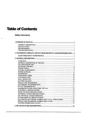 Page 5Table uf Contents 
Safety Instructions 
, 
1 PURPOSE OF MANUAL ........................................................................................................... 1 
GENERAL DESCRIPTION. . ................................................................................................... 
1 
INSTALLATION. ..................................................................................................................... 
1 
PROGRAMMING....