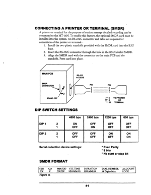 Page 47CONNECTING A PRINTER OR TERMINAL (SMDR) 
A printer or terminal for the purpose of station message detailed recording can be 
connected to the MT-16H. To enable this feature, the optional SMDR card must be 
installed into the system. An RS-232C connector and cable are required for 
connection of the printer orterminaL .- 
1. Install the two plastic standoffs provided with the SMDR card into the KSU 
base. 
2. Insert the RS-232C connector through the hole in the KSU labeled SMDR. 
3. Align the SMDR card...