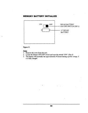 Page 50MEMORY BATTERY INITIALIZE 
, 
Figure 21 
ON 
CB 
OFF 
a b 
NICAD BATTERY 
- ON/OFF SWITCH @II’ 2) 
- 3.7 NICAD 
BATTERY 
Note: 
1. Remove the cover from the unit. 
2. Locate the battery ON/OFF switch and turn the switch “ON”. (Dip 2) 
3. The battery will normally last approximately 40 hours during a power outage, if 
it is fully charged.  