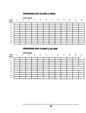 Page 58PROGRAM #35 CLASS C DENY 
Dialed Digits 
Line 1 2 
3 4 5 
6 7 8 
9 .. 10 11 
12 
Entry 
0 
1 
2 
3 
4 
5 
6 
7 
8 
9 
PROGRAM #36 CLASS C ALLOW 
Line 
Entry 
0 
1 
2 
3 
4 
5 
6 
7 
8 
9 1 Dialed Digits 
2 3 4 5 6 7 8 9 10 11 12  