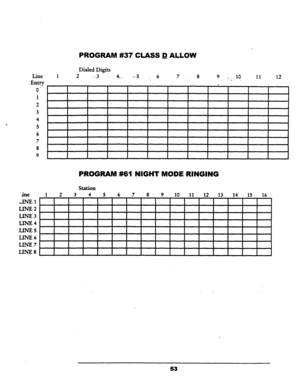 Page 59Line 
Entry 
0 
1 
2 
3 
4 
5 
6 
7 
8 
9 
PROGRAM #37 CLASS D ALLOW 
Dialed Digits 
2 : 
. 3 - 4.” --.5 6 7. 8 9 _- 
.lO 11 12 _. . 
1 
PROGRAM #61 NIGHT MODE RINGING 
-he 
LINE1 
LINE2 
LINE3 
LINE4 
LINE5 
LINE6 
LINE7 
LINES 
station 
1 2 3 4 5 6 7 8 9 10 11 12 13 14 15 16 
53  