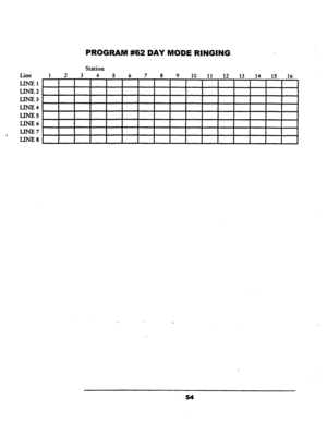 Page 60Line 
LINE1 
LINE2 
LINE3 
LINE4 
LINE5 
LINE6 
LINE7 
, LINE8 
PROGRAM #62 DAY MODE 
Station 
1 2 3 
4 5 6 7 8 9 
10 11 12 13 14 15 16  