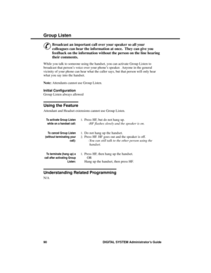 Page 106Group Listen
&
Broadcast an important call over your speaker so all your
colleagues can hear the information at once.  They can give you
feedback on the information without the person on the line hearing
their comments. 
While you talk to someone using the handset, you can activate Group Listen to
broadcast that person’s voice over your phone’s speaker.  Anyone in the general
vicinity of your phone can hear what the caller says, but that person will only hear
what you say into the handset.
Note:...