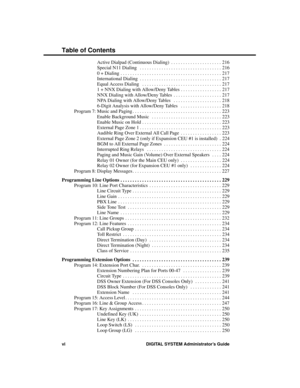 Page 14Active Dialpad (Continuous Dialing)  . . . . . . . . . . . . . . . . . . . . . 216
Special N11 Dialing  . . . . . . . . . . . . . . . . . . . . . . . . . . . . . . . . . . 216
0 + Dialing . . . . . . . . . . . . . . . . . . . . . . . . . . . . . . . . . . . . . . . . . . 217
International Dialing  . . . . . . . . . . . . . . . . . . . . . . . . . . . . . . . . . . 217
Equal Access Dialing  . . . . . . . . . . . . . . . . . . . . . . . . . . . . . . . . . 217
1 + NNX Dialing with Allow/Deny Tables . . . ....