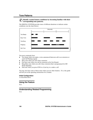 Page 196Tone P atte rns
&
Identify certain feature conditions by becoming familiar with their
corresponding tone patterns.
The DIGITAL SYSTEM provides tones of different durations to indicate certain
conditions (see the chart below).
You most commonly hear: 
·Two beeps when you make a voice-announced Intercom call to an extension or
send Call Waiting signals 
·Busy tone when you call a busy extension 
·Fast busy tone when you call an extension in Do Not Disturb 
·Ring-Busy tone when you call a busy extension...