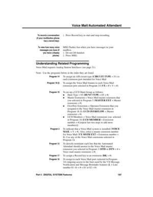 Page 203To record a conversation
(if your multibutton phone
has a record key):
1.Press Record key to start and stop recording.
To view how many voice
messages you have (if
you have a display
phone):
MSG flashes fast when you have messages in your
mailbox. 
1.Do not lift handset. 
2.Press MSG. 
Understanding Related Programming
Voice Mail requires Analog Station Interfaces (see page 31).  
Note:  Use the programs below in the order they are listed. 
Program 14To assign an ASI circuit type (CIRCUIT TYPE = 51) to...