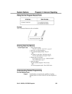 Page 219Filling Out the Program Record Form
In this box . . .Enter this data . . .
A feature’s data box Y to enable the feature
N to disable the feature
Example 
Voice-Announced Intercom calls are disabled.
Entering Data Into Memory
To enter Program 2 data:1.Enter program mode. 
-Press # + dial SP + dial 5312 + press #. 
2.Press key 2 to enter Program 2. 
3.To accept the displayed data:  Press #. 
OR 
To change or enter data:  Dial data, press #. 
-To erase data before pressing #:  Dial *. 
4.Repeat step 3 for...