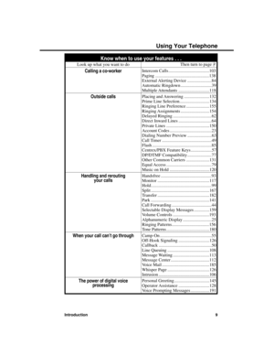 Page 25Know when to use your features . . .
Look up what you want to doThen turn to page
 +
Calling a co-workerIntercom Calls .....................................103
Paging .................................................138
External Alerting Device ......................84
Automatic Ringdown ............................39
Multiple Attendants ............................118
Outside callsPlacing and Answering .......................132
Prime Line Selection...........................134
Ringing Line Preference...