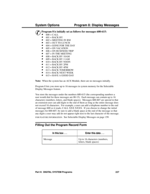 Page 243P rogram 8: Displa y Messa ges
&
Program 8 is initially set as follows for messages 600-615: 
·600 = CALL 
·601 = BACK BY 
·602 = MEETING IN RM 
·603 = OUT TO LUNCH
·604 = GONE FOR THE DAY 
·605 = ON VACATION 
·606 = ON BUSINESS TRIP 
·607 = IN THE MEETING 
·608 = BACK BY 10AM 
·609 = BACK BY 11AM 
·610 = BACK BY NOON 
·611 = BACK BY 2PM 
·612 = BACK BY 4PM 
·613 = BACK TOMORROW 
·614 = BACK NEXT WEEK 
·615 = HAVE A GOOD DAY
Note:  When the system has an AUX Module, there are no messages initially....