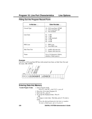 Page 246Filling Out the Program Record Form
In this box . . .Enter this data . . .
Circuit Type 10 - CO Loop Start, DTMF
11 - CO Loop Start, DP
X  - Not installed
Line Gain 01 - -6 dB
02 - -3 dB
03 -  0 dB (normal)
04 - +3 dB
05 - +6 dB
PBX Line Y  - PBX Line
N  - Non-PBX Line
Side Tone Test Y  - enable side tone test
N  - bypass side tone test
Name Up to 16 characters (letters,
numbers, blank spaces)
Example 
Line 04 is a CO Loop Start DP line with normal Line Gain, no Side Tone Test and
the name, MR. JONES....