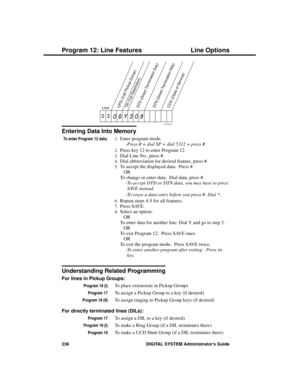 Page 252Entering Data Into Memory
To enter Program 12 data:1.Enter program mode. 
-Press # + dial SP + dial 5312 + press #. 
2.Press key 12 to enter Program 12. 
3.Dial Line No., press #. 
4.Dial abbreviation for desired feature, press #. 
5.To accept the displayed data:  Press #. 
OR 
To change or enter data:  Dial data, press #. 
-To accept DTD or DTN data, you may have to press
SAVE instead. 
-To erase a data entry before you press #: Dial *. 
6.Repeat steps 4-5 for all features. 
7.Press SAVE. 
8.Select an...