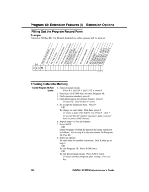 Page 276 Filling Out the Program Record Form
Example 
Extension 305 has Do Not Disturb disabled (no other options will be shown).
Entering Data Into Memory
To enter Program 18 (Part
I) data:
1.Enter program mode. 
-Press # + dial SP + dial 5312 + press #. 
2.Press key 18 (CONF key) to enter Program 18. 
3.Dial extension number, press #. 
4.Dial abbreviation for desired feature, press #.
-To dial PZ:  Dial P, then 0 (zero). 
5.To accept the displayed data:  Press #. 
OR 
To change or enter data:  Dial data, press...