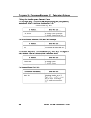 Page 282Filling Out the Program Record Form
For Day/Night Ring Assignment (RA), Night Ringing (NR), Delayed Ring
Assignment (DRA), Prime Line Assignment (PLA):
1.Select a feature (e.g., RA). 
In this box . . .Enter this data . . .
Line (01-16) Y - enable feature for the line
N - disable feature for the line
For Direct Station Selection (DSS) and Call Coverage:
In this box . . .Enter this data . . .
Key Extension to be called (300-347)
For Headset (HS), Voice-Announced Calls (VA), Voice Page Thru Speaker
(VP),...