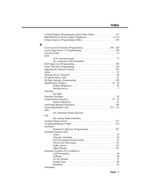 Page 2971+NNX Dialing, Programming Allow/ Deny Tables . . . . . . . . . . . . . . . .  217
500/2500 Sets as Power Failure Telephones . . . . . . . . . . . . . . . . . . . . .  6, 147
6-Digit Analysis, Programming Tables . . . . . . . . . . . . . . . . . . . . . . . . . . .  218
A
Access Level, Extension, Programming . . . . . . . . . . . . . . . . . . . . . . 244 - 246
Access Page Zones 1-3, Programming . . . . . . . . . . . . . . . . . . . . . . . . . . .  199
Account Codes. . . . . . . . . . . . . . . . . . ....