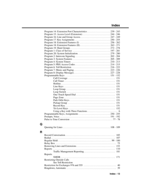 Page 309Program 14: Extension Port Characteristics . . . . . . . . . . . . . . . . . . . 239 - 243
Program 15: Access Level (Extension) . . . . . . . . . . . . . . . . . . . . . . . 244 - 246
Program 16: Line and Group Access. . . . . . . . . . . . . . . . . . . . . . . . . 247 - 249
Program 17: Key Assignments . . . . . . . . . . . . . . . . . . . . . . . . . . . . . 250 - 255
Program 18: Extension Features (I) . . . . . . . . . . . . . . . . . . . . . . . . . 256 - 262
Program 18: Extension Features (II) . . ....