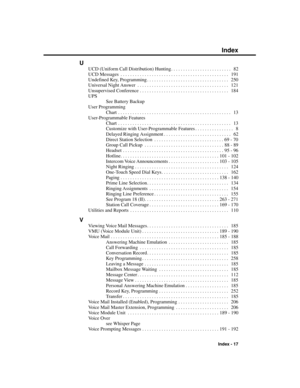 Page 313U
UCD (Uniform Call Distribution) Hunting . . . . . . . . . . . . . . . . . . . . . . . . .  82
UCD Messages . . . . . . . . . . . . . . . . . . . . . . . . . . . . . . . . . . . . . . . . . . . . .  191
Undefined Key, Programming . . . . . . . . . . . . . . . . . . . . . . . . . . . . . . . . . .  250
Universal Night Answer . . . . . . . . . . . . . . . . . . . . . . . . . . . . . . . . . . . . . .  121
Unsupervised Conference . . . . . . . . . . . . . . . . . . . . . . . . . . . . . . . . . . . . ....