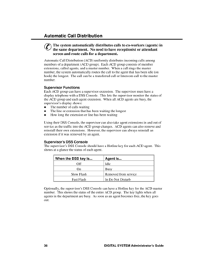 Page 52A utoma tic C all D istr ibution
&
The system automatically distributes calls to co-workers (agents) in
the same department.  No need to have receptionist or attendant
screen and route calls for a department. 
Automatic Call Distribution (ACD) uniformly distributes incoming calls among
members of a department (ACD group).  Each ACD group consists of member
extensions, called agents, and a master number.  When a call rings the master
number, the system automatically routes the call to the agent that has...