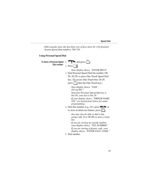 Page 72-DSS consoles have the last three row of keys (keys 81-110) fixed for
System Speed Dial numbers 700-730.
Using Personal Speed Dial
7RVWRUHD3HUVRQDO6SHHG
LDOQXPEHU1.) and press 
D. 
2.Press 
#. 
-Your display shows, ENTER BIN #. 
3.Dial Personal Speed Dial bin number (50-
59, 20-29) or press One-Touch Speed Dial
key. (To access One-Touch bins 20-29,
press 
D then the One-Touch key.)
-Your display shows, LINE
[01-nn,9X]. 
-Your first Personal Speed Dial key is
bin 50; your last is bin 29. 
-If your...