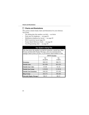 Page 87Charts and Illustrations
This section contains handy charts and illustrations for your reference.
You’ll find:
lThe dialing plan (the numbers you dial) — see below
lFlash rates for telephones — see page 81
lMultibutton telephone key layout — see page 82
lDSS Console key layout (page 83)
lFeature Quick Reference Guide — see page 84
lUser-Programming chart — see page 85
