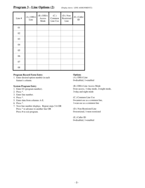 Page 11Program 3 - Line Options (2)(Display shows:  LINE ASSIGNMENT2)
Line #(A.) DISA
Line(B.) DISA
Access
Mode(C.)
Common
Line U s e(D.) Non-
Restricted
Line(E.) Caller
ID
01
02
03
04
05
06
07
08
Program Record Form EntryOptions
1.  Enter desired option number in each(A.) DISA Line
     features column.0=disabled, 1=enabled
System Program Entry(B.) DISA Line Access Mode
1.  Enter 03 (program number).0=no access, 1=day mode, 2=night mode,
2.  Press *.3=day and night mode
3.  Enter line number.
4.  Press *.(C.)...