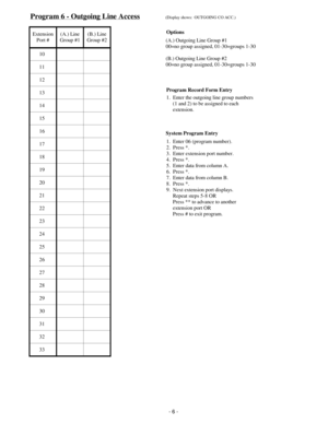 Page 14Program 6 - Outgoing Line Access(Display shows:  OUTGOING CO ACC.)
Extension
Port #(A.) Line
Group #1(B.) Line
Group #2
10
11
12
13
14
15
16
17
18
19
20
21
22
23
24
25
26
27
28
29
30
31
32
33
Options
(A.) Outgoing Line Group #1
00=no group assigned, 01-30=groups 1-30
(B.) Outgoing Line Group #2
00=no group assigned, 01-30=groups 1-30
Program Record Form Entry
1.  Enter the outgoing line group numbers
     (1 and 2) to be assigned to each
     extension.
System Program Entry
1.  Enter 06 (program...