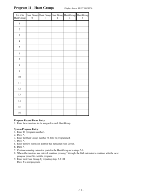 Page 19Program 11 - Hunt Groups(Display  shows:  HUNT GROUPS)
Ext. # in
Hunt GroupHunt Group
0Hunt Group
1Hunt Group
2Hunt Group
3Hunt Group
4
1
2
3
4
5
6
7
8
9
10
11
12
13
14
15
16
Program Record Form Entry
1.  Enter the extensions to be assigned to each Hunt Group.
System Program Entry
1.  Enter 11 (program number).
2.  Press *.
3.  Enter the Hunt Group number (0-4) to be programmed.
4.  Press *.
5.  Enter the first extension port for that particular Hunt Group.
6.  Press *.
7.  Continue entering extension...