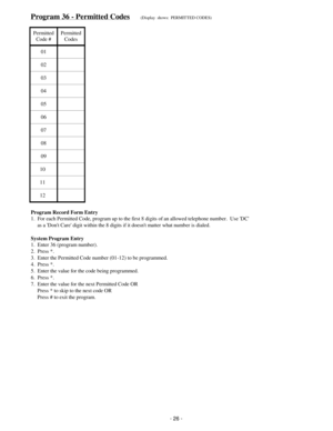 Page 34Program 36 - Permitted Codes(Display  shows:  PERMITTED CODES)
Permitted
Code #Permitted
Codes
01
02
03
04
05
06
07
08
09
10
11
12
Program Record Form Entry
1.  For each Permitted Code, program up to the first 8 digits of an allowed telephone number.  Use DC
     as a Dont Care digit within the 8 digits if it doesnt matter what number is dialed.
System Program Entry
1.  Enter 36 (program number).
2.  Press *.
3.  Enter the Permitted Code number (01-12) to be programmed.
4.  Press *.
5.  Enter the value...