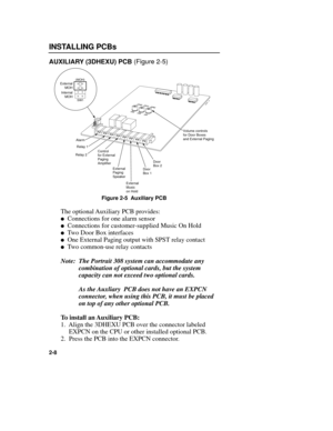 Page 20INSTALLING PCBs
AUXILIARY(3DHEXU) PCB (Figure 2-5)
Figure 2-5  Auxiliary PCB
The optional Auxiliary PCB provides:
lConnections for one alarm sensor
lConnections for customer-supplied Music On Hold
lTwo Door Box interfaces
lOne External Paging output with SPSTrelay contact
lTwo common-use relay contacts
Note:  The Portrait 308 system can accommodate any
combination of optional cards, but the system
capacity can not exceed two optional cards.
As the Auxliary  PCB does not have an EXPCN
connector, when...