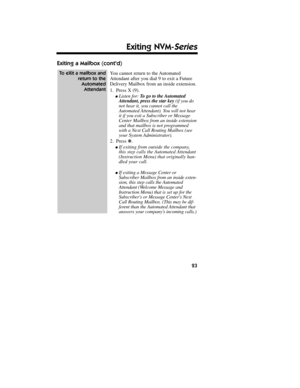 Page 24Exiting a Mailbox (contd)
You cannot return to the Automated
Attendant after you dial 9 to exit a Future
Delivery Mailbox from an inside extension.
1.Press X (9).
lListen for: To go to the Automated
Attendant, press the star key(if you do
not hear it, you cannot call the
Automated Attendant). You will not hear
it if you exit a Subscriber or Message
Center Mailbox from an inside extension
and that mailbox is not programmed
with a Next Call Routing Mailbox (see
your System Administrator).
2.Press k.
lIf...