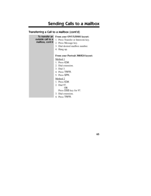 Page 66Transferring a Call to a Mailbox (contÕd)
From yourONYX/DS01 keyset:
1.Press Transfer or Intercom key.
2.Press Message key.
3.Dial desired mailbox number.
4.Hang up.
From yourPortrait 308/824 keyset:
Method 1
1.Press ICM.
2.Dial extension.
3.Dial 3.
4.Press TRFR.
5.Press SPK.
Method 2
1.Press ICM.
2.Dial 97.
OR
Press DSSkey for 97.
3.Dial extension.
4.Press TRFR.
To transfer an
outside call to a
mailbox, contÕd
65
Sending Calls to a Mailbox
17600sug02_34.qxd  2/11/98 2:59 PM  Page 65 