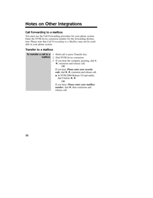 Page 71Call Forwarding to a Mailbox
You must use the Call Forwarding procedure for your phone system.
Enter the NVM-Seriesextension number for the forwarding destina-
tion. Please note that Call Forwardingto a Mailboxmay not be avail-
able in your phone system.
Transfer to a Mailbox
1.Hold call or press Transfer key.
2.Dial NVM-Seriesextension.
3.If you hear the company greeting, dial #,
k, extension and release call.
OR
If you hear: Please enter your security
code, dial k, k, extension and release call.
nIn...