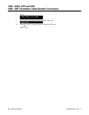 Page 10168. HOLD
1806:Table_nnnn Name
        -
9. Enter the name associated with the Translation Table entry.
Table No?
10. Repeat from step 3 to program another Translation Table entry.
OR
HOLD to exit.
1800 - DISA, OPA and DID
1806 - DID Translation Table Number Conversion
980   PROGRAMMING 92000SWG08   Issue 1-0 
