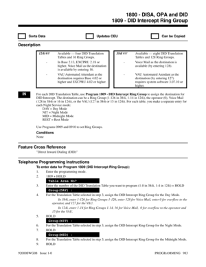 Page 10191809 - DID Intercept Ring Group
  Sorts Data   Updates CEU   Can be Copied
Description
 124i Available — four DID Translation
Tables and 16 Ring Groups.  384i Available — eight DID Translation
Tables and 128 Ring Groups. 
- In Base 2.13, EXCPRU 2.18 or
higher, Voice Mail as the destination
is available by entering 16.- Voice Mail as the destination is
available (by entering 128).
- VAU Automated Attendant as the
destination requires Base 4.02 or
higher and EXCPRU 4.02 or higher.- VAU Automated Atendant...