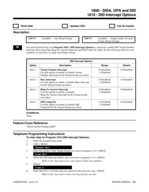 Page 10211810 - DID Intercept Options
  Sorts Data   Updates CEU   Can be Copied
Description
 124i Available — one Tenant Group. 384i Available — unique entries for each
of four Tenant Groups.
INFor each Tenant Group, use Program 1810 - DID Intercept Options to selectively enable DID Vacant Number
Intercept, Busy Intercept, Ring-No-Answer Intercept and DID Camp-On. Refer the the following chart for a de-
scription of each item, its range and default setting.
DID Intercept Options
Option Description Range...