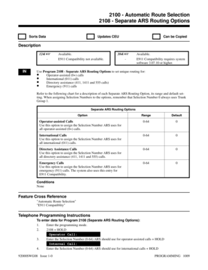 Page 10452108 - Separate ARS Routing Options
  Sorts Data   Updates CEU   Can be Copied
Description
 124i Available. 384i Available.
- E911 Compatibility not available. - E911 Compatibility requires system
software 3.07.10 or higher.
INUse Program 2108 - Separate ARS Routing Options to set unique routing for:
•Operator-assisted (0+) calls
•International (011) calls
•Directory assistance (411, 1411 and 555 calls)
•Emergency (911) calls
Refer to the following chart for a description of each Separate ARS Routing...