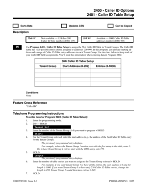 Page 10692400 - Caller ID Options2401 - Caller ID Table Setup
  Sorts Data   Updates CEU   Can be Copied
Description
 124i Not available — 124i has 200
Caller ID bins numbered 000-199. 384i Available — 1000 Caller ID Table
addresses numbered 000-999.
INUse Program 2401 - Caller ID Table Setup to assign the 384i Caller ID Table to Tenant Groups. The Caller ID
Table has 1000 possible entries (bins), assigned to addresses 000-999. In this program, you allocate starting ad-
dress and a range of Caller ID Table...