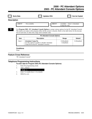 Page 10812503 - PC Attendant Console Options
  Sorts Data   Updates CEU   Can be Copied
Description
 124i Not available. 384i Available — Item 1 (Attendant
Camp On) only.
INUse Program 2503 - PC Attendant Console Options to assign various options for the PC Attendant Console.
The entries you make in this program affect all the system’s consoles. Refer to the table below for the descrip-
tion of each item, its data entry range and its default value.
PC Attendant Console Options
Item Description Range Default...