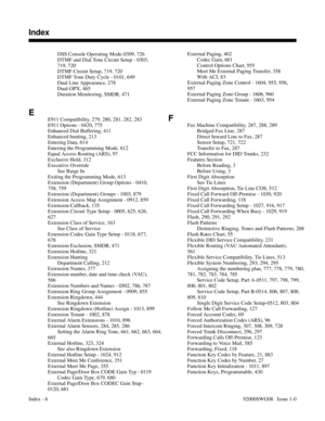 Page 1186DSS Console Operating Mode-0309, 726 
DTMF and Dial Tone Circuit Setup - 0303,
719, 720 
DTMF Circuit Setup, 719, 720 
DTMF Tone Duty Cycle - 0101, 649 
Dual Line Appearance, 278 
Dual-OPX, 465 
Duration Monitoring, SMDR, 471 
E
E911 Compatibility, 279, 280, 281, 282, 283 
E911 Options - 0420, 775 
Enhanced Dial Buffering, 411 
Enhanced hunting, 213 
Entering Data, 614 
Entering the Programming Mode, 612 
Equal Access Routing (ARS), 97 
Exclusive Hold, 312 
Executive Override
See Barge In 
Exiting the...