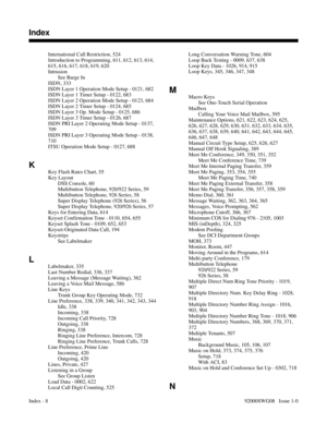 Page 1188International Call Restriction, 524 
Introduction to Programming, 611, 612, 613, 614,
615, 616, 617, 618, 619, 620 
Intrusion
See Barge In 
ISDN, 333 
ISDN Layer 1 Operation Mode Setup - 0121, 682 
ISDN Layer 1 Timer Setup - 0122, 683 
ISDN Layer 2 Operation Mode Setup - 0123, 684 
ISDN Layer 2 Timer Setup - 0124, 685 
ISDN Layer 3 Op. Mode Setup - 0125, 686 
ISDN Layer 3 Timer Setup - 0126, 687 
ISDN PRI Layer 2 Operating Mode Setup - 0137,
709 
ISDN PRI Layer 3 Operating Mode Setup - 0138,
710 
ITSU...