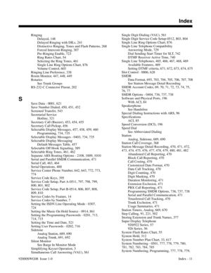 Page 1191Ringing
Delayed, 148 
Delayed Ringing with DILs, 241 
Distinctive Ringing, Tones and Flash Patterns, 268 
Forced Intercom Ringing, 307 
Pre-Ringing Enable, 723 
Ring Rates Chart, 54 
Selecting the Ring Tones, 461 
Single Line Ring Options Chart, 876 
Volume Control, 603 
Ringing Line Preference, 338 
Room Monitor, 447, 448, 449 
Rotaries
See Trunk Groups 
RS-232-C Connector Pinout, 202 
S
Save Data - 0001, 621 
Save Number Dialed, 450, 451, 452 
Screened Transfer, 543 
Secretarial Service
Hotline, 321...